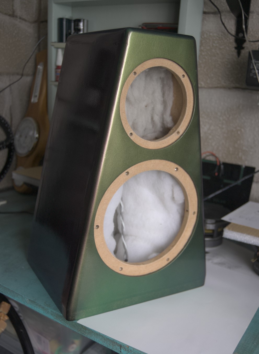 A speaker cabinet after being painted.