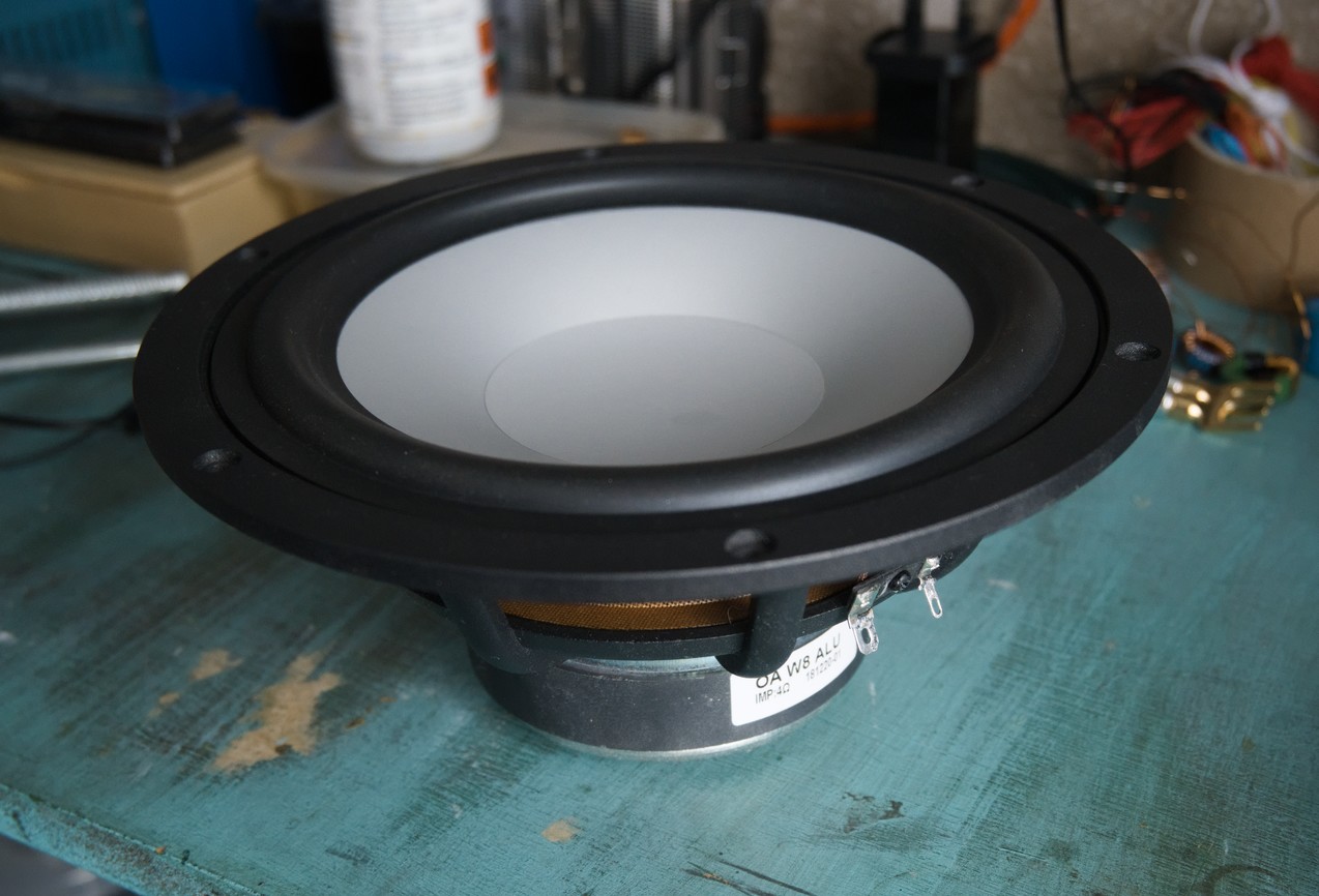 A W8 Alu woofer. The cone and dust cap are silver aluminium, matching the coaxial driver.