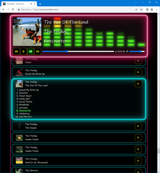 At the top of the screen is a summary of what's playing, and controls. Underneath is a list of albums.